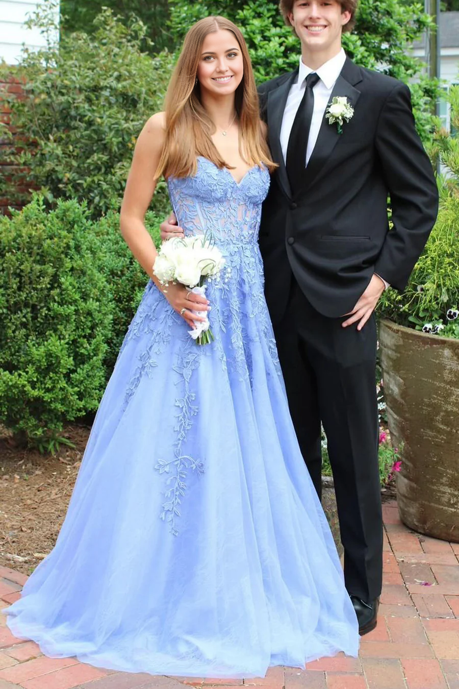 A Line Sweetheart Blue Tulle Long evening gowns formal dress Prom Dresses with Appliques