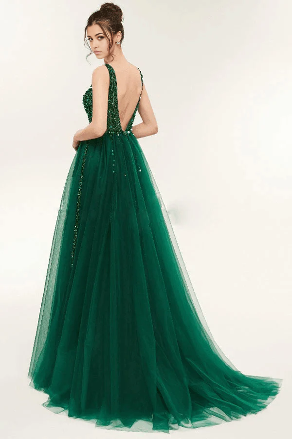 A-line V Neck Open Back Tulle Green Long evening gown Prom Dresses With Sequins