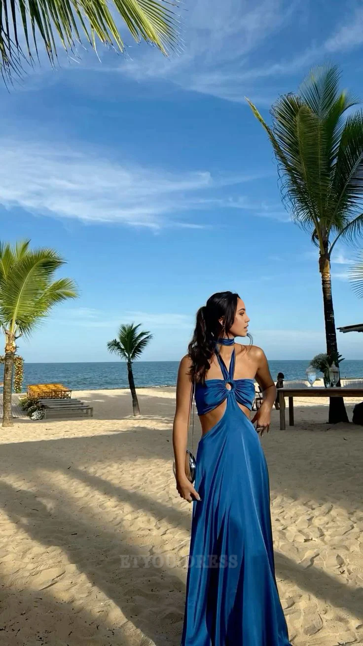 A Line Halter Satin Blue formal dresses Bridesmaid Dresses evening gown Prom Dress