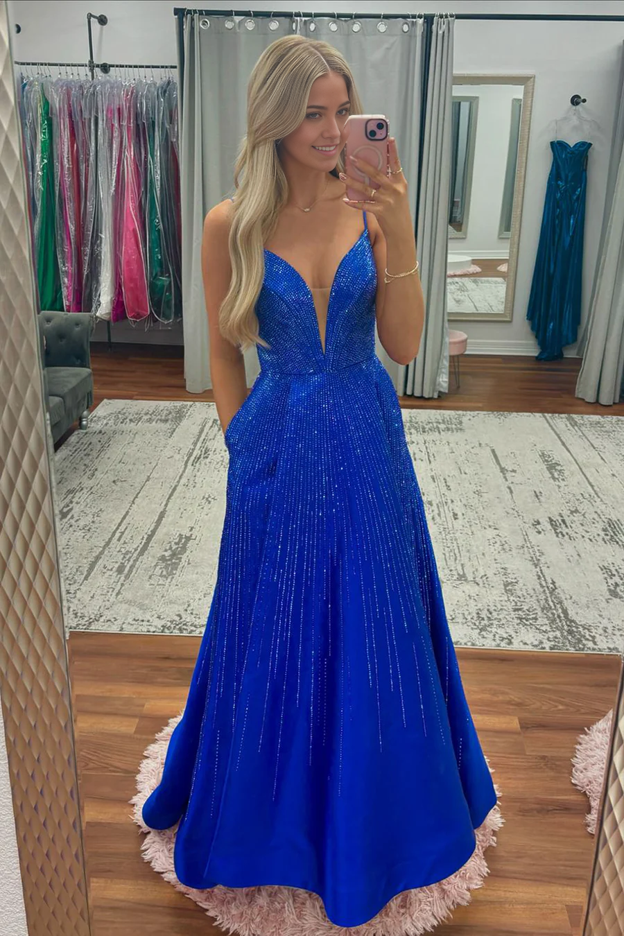 A Line V Neck Cute Royal Blue Satin Prom Dresses with Beadings