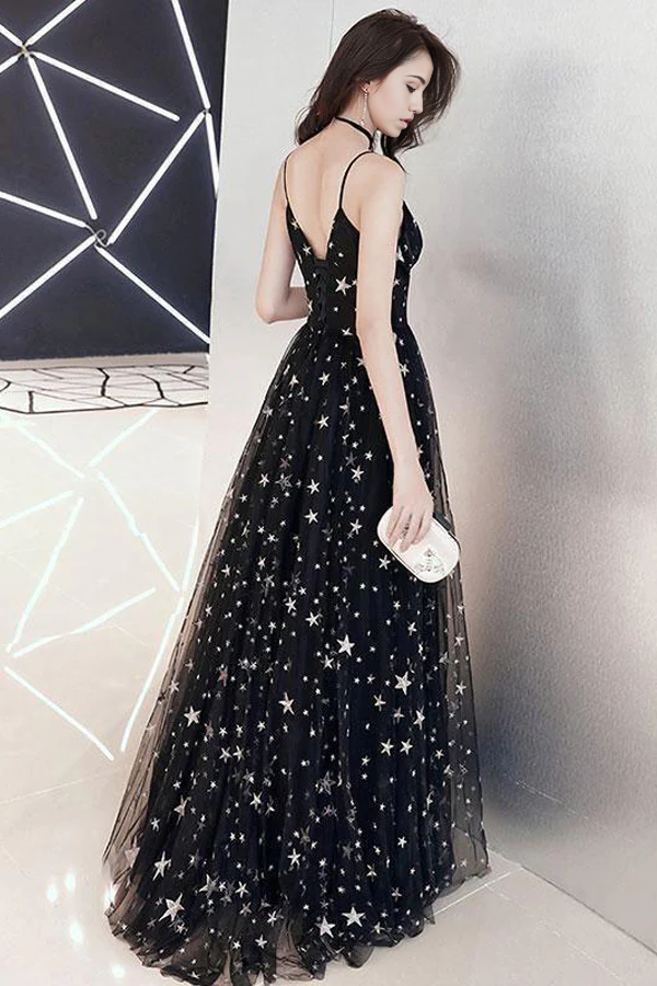 A-line Star Lace Beautiful Chic Black Long evening gown Prom Dress