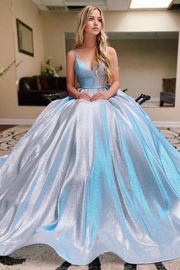 Sparkly V Neck Ball Gown Prom Gown Sky Blue Party Dress Prom Dresses