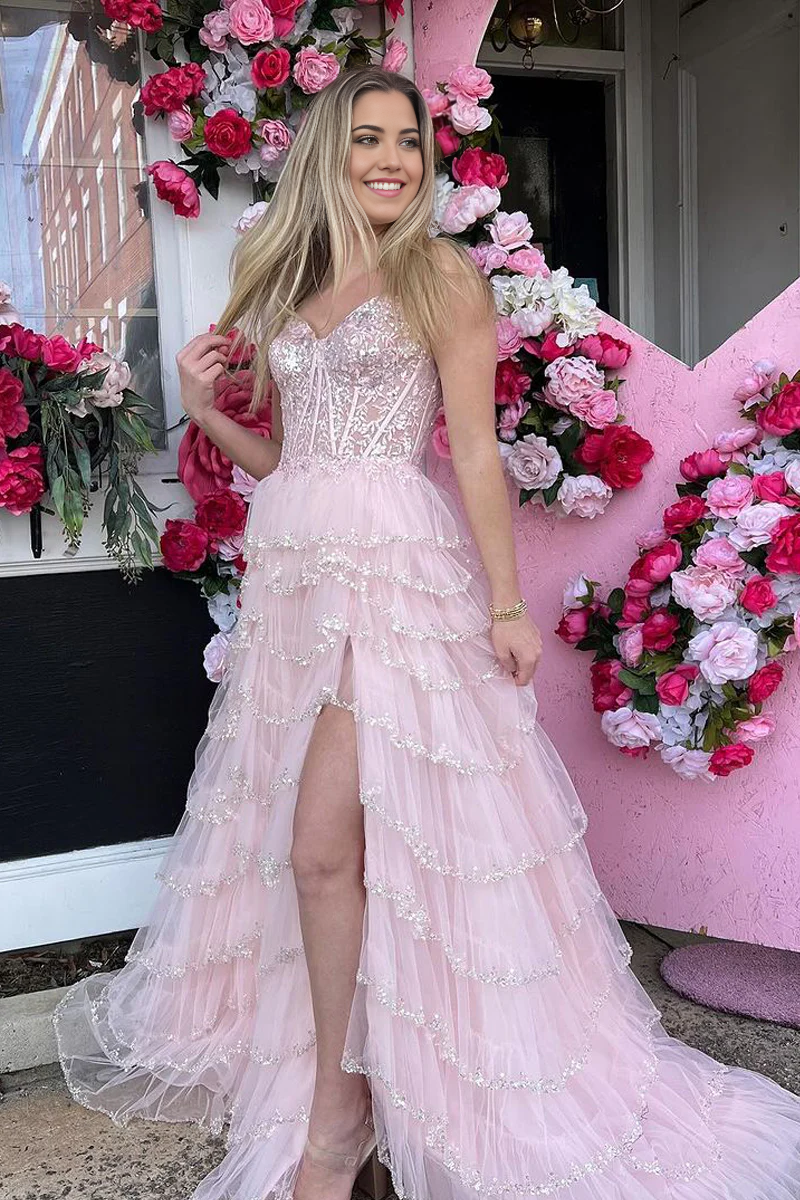 A Line Cute Sweetheart Tulle Light Pink Long Prom Dress with Slit