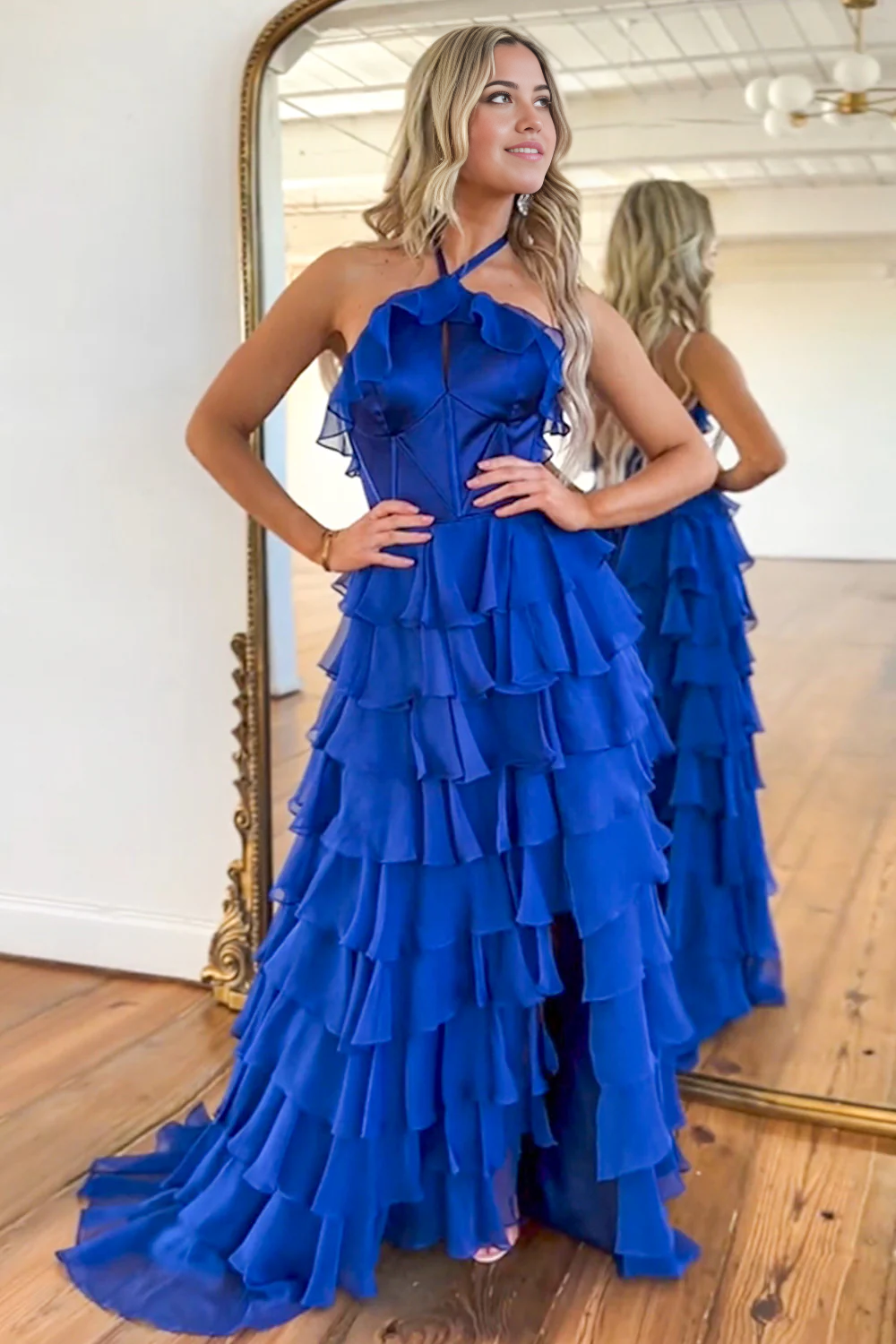 A-Line Halter Neck Long Tiered Cute Royal Blue formal dresses evening dress Prom Dresses with Slit