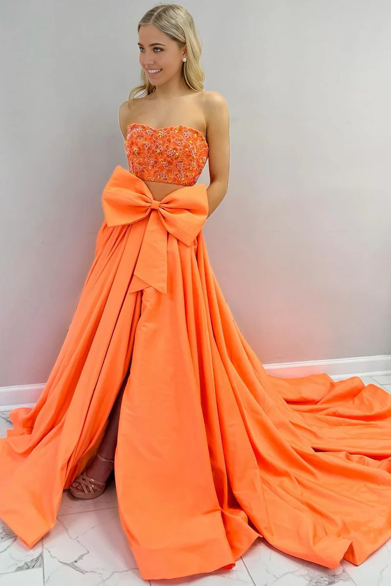Two Piece Strapless Satin Yellow Long Prom Dresses with Bow