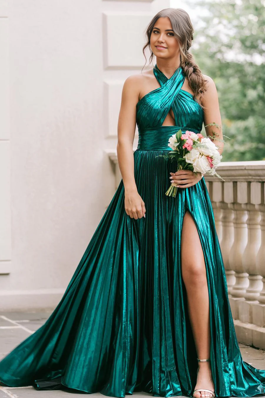 A Line Halter Dark Green Satin formal dresses evening gowns Prom Dresses with Slit
