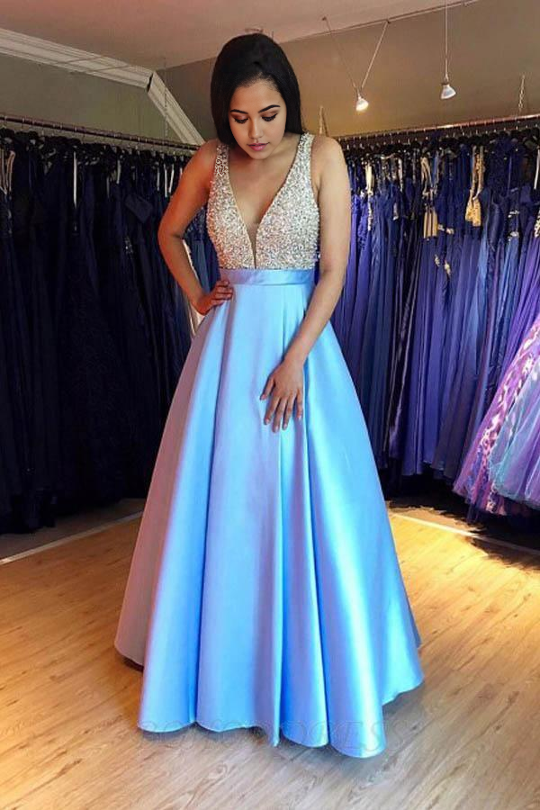 A-line V-neck Sleeveless Floor-Length Blue evening gown Prom Dress with Beading