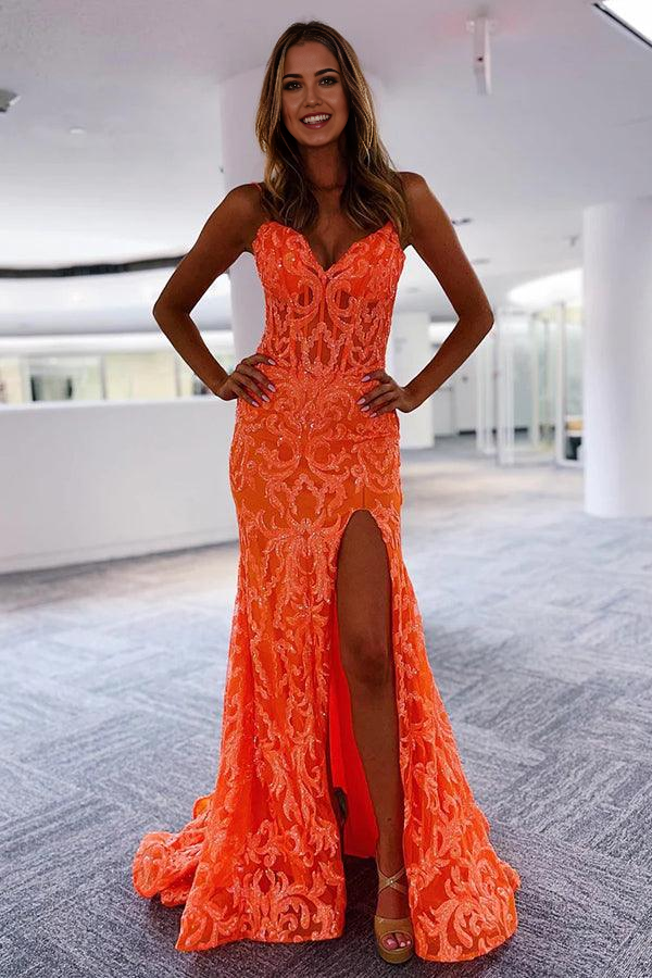 Mermaid Gorgeous Orange Sequins Lace Long Prom Dresses with Side Slit
