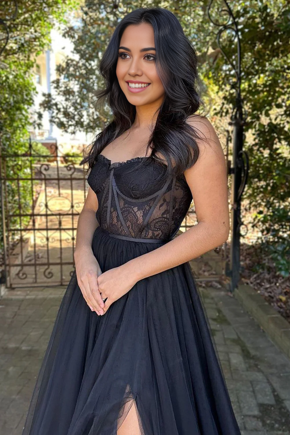 A-Line Strapless Black Tulle Long Party Prom Dress With Split