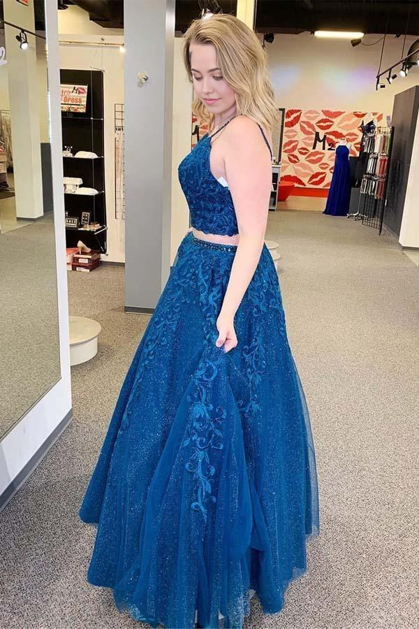 Two Piece Sparkle Tulle Appliques Royal Blue Formal evening gown Prom Dress