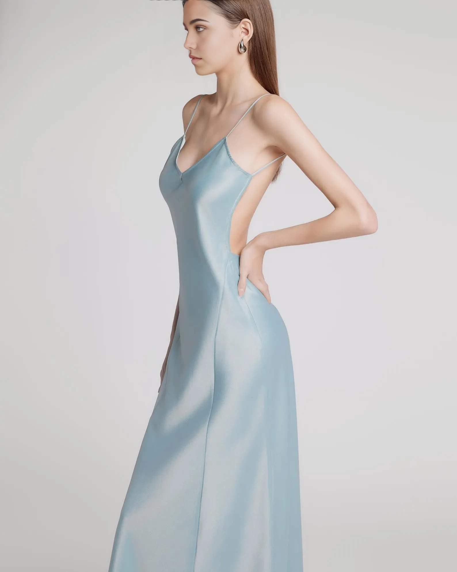 Elegant V Neckline sleeveless Straps Floor Length Open Back Wedding Guest formal dresses evening dress prom dresses