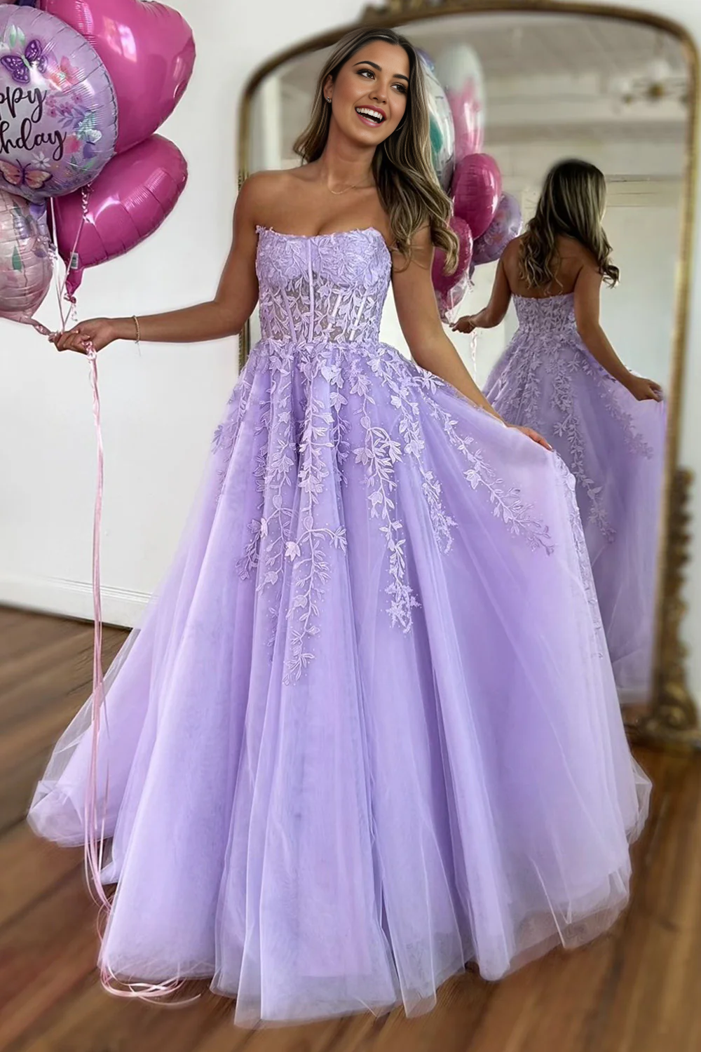 A-Line Strapless Lovely Lilac Long Tulle formal dresses evening dress Prom Dresses with Appliques