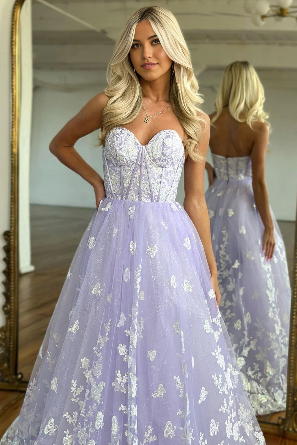 A-Line Sweetheart Lilac Zipper Back Long Tulle Prom Dress With Appliques