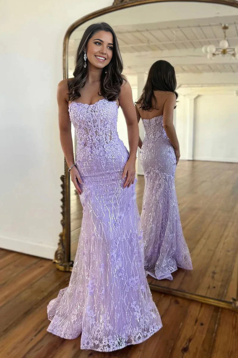 Mermaid Scoop Neck Lavender Sequins Lace Prom Dresses with Appliques