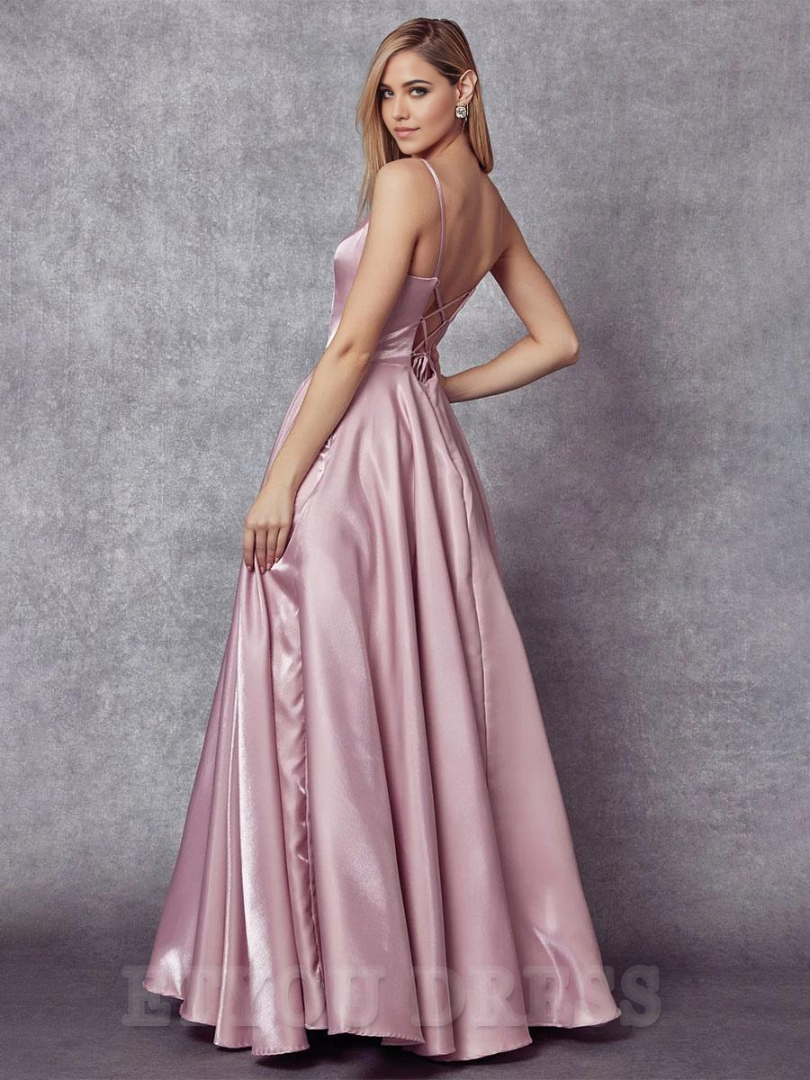 A-Line Sleeveless V-Neck Satin formal dress evening gown Wedding Guest Dresses Prom Dress With Pockets