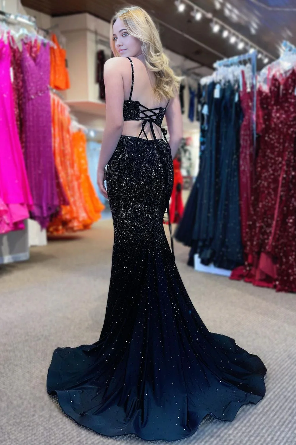 Mermaid Court Train Sequined evening gown formal dresses Prom Dress With Split
