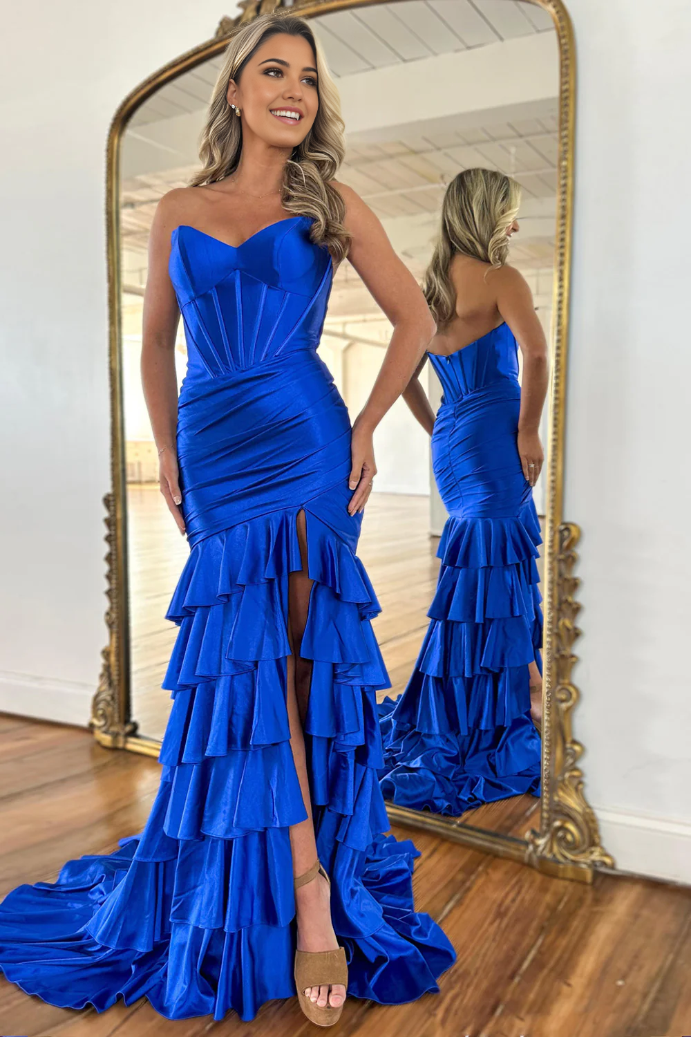 Mermaid Strapless Long Ruffle Satin Royal Blue formal dresses evening dress Prom Dress with Slit
