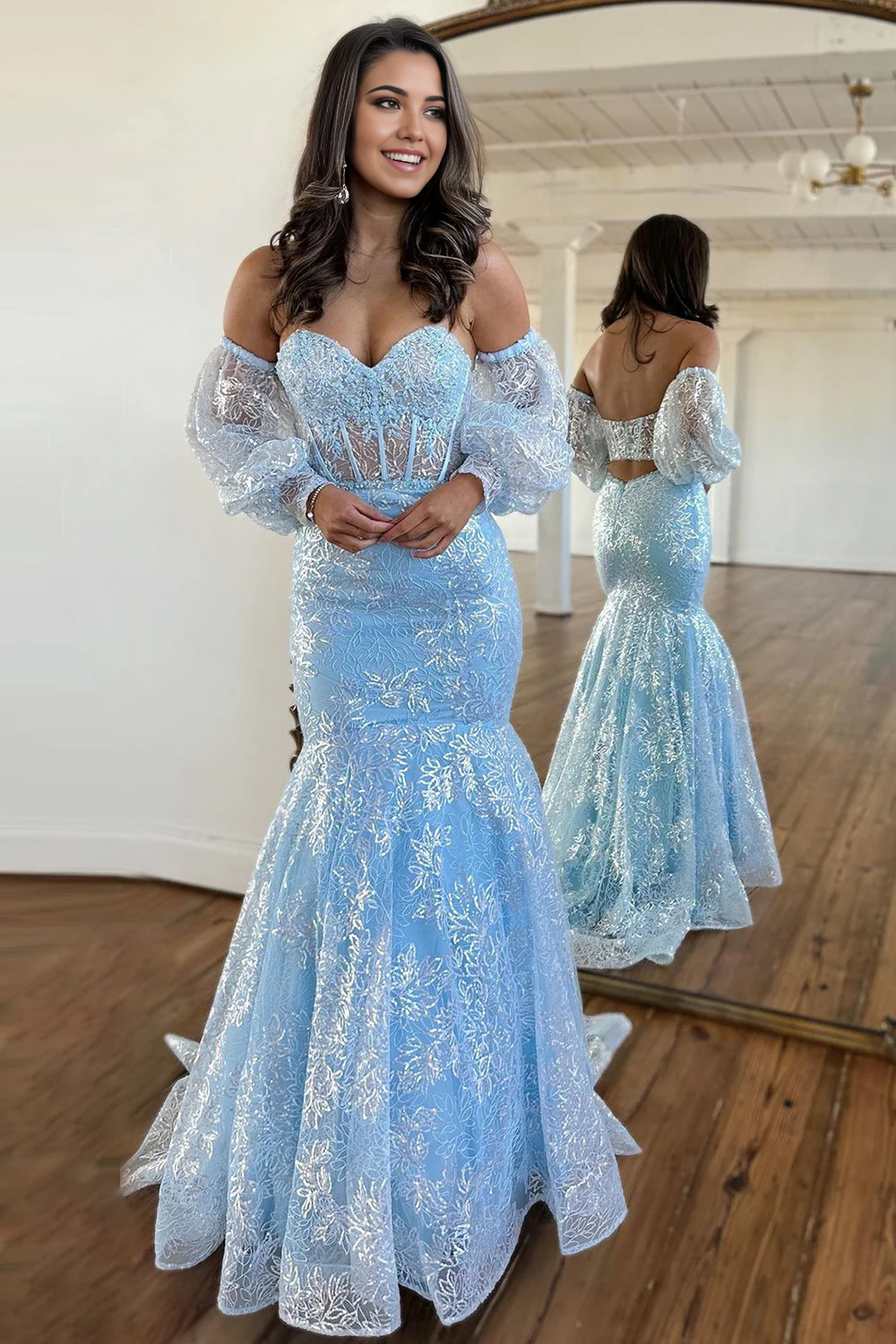 Mermaid Backless Gorgeous Light Blue Long Prom Dress With Detachable Sleeves
