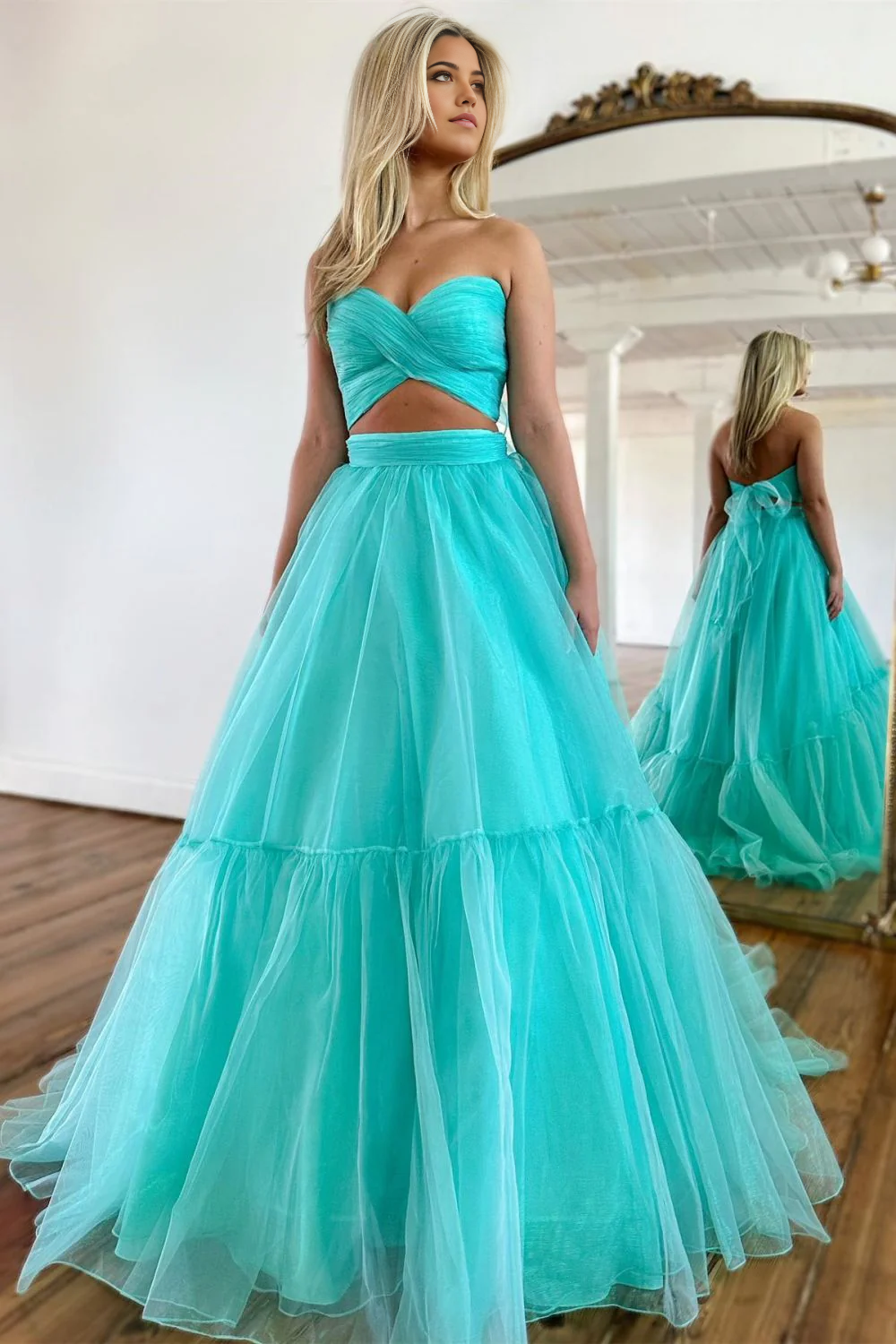 A-Line Sweetheart Long Tulle Prom Dress With Detachable Sleeves
