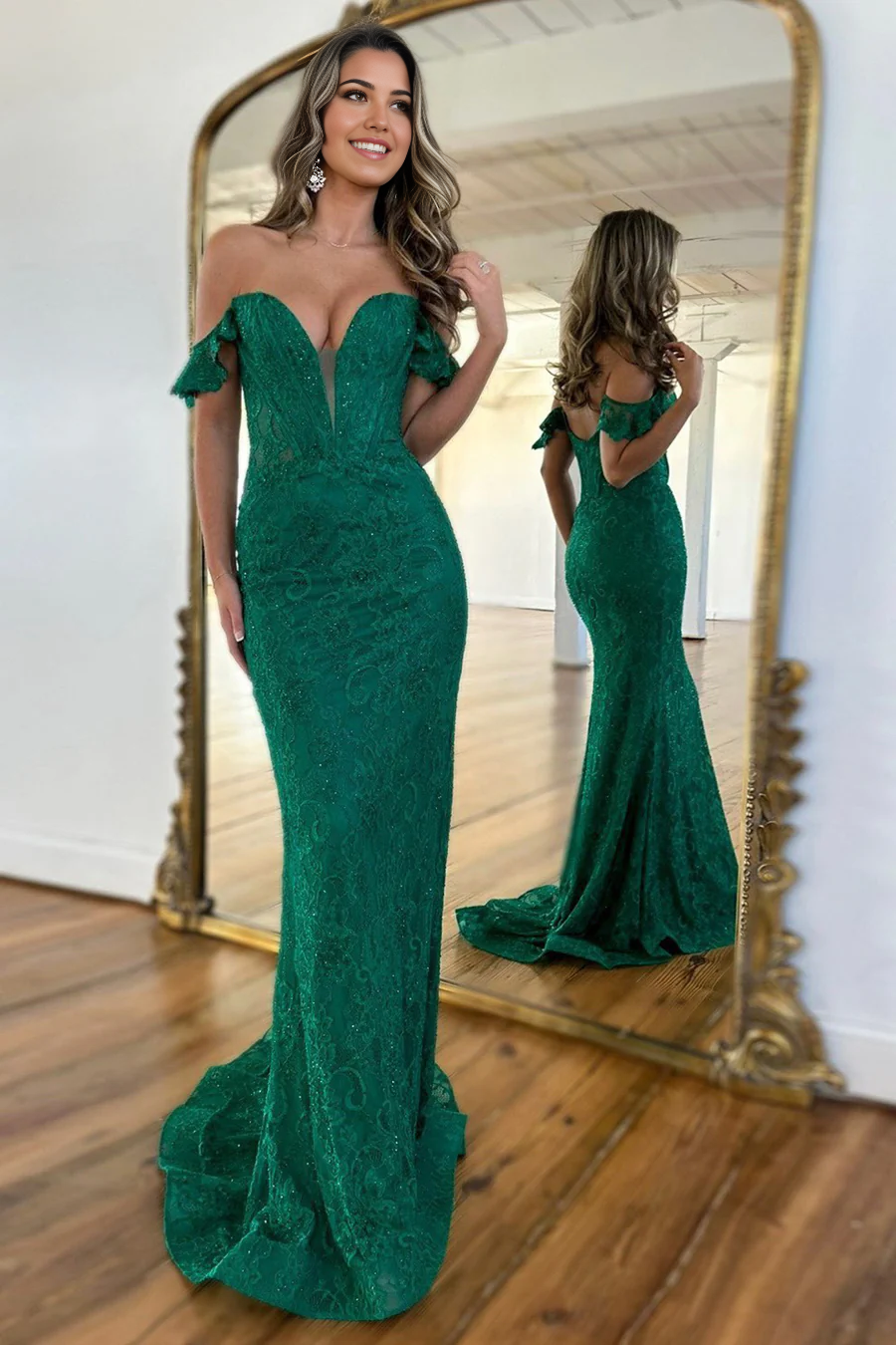 Mermaid Elegant Sweetheart Dark Green Lace Long evening gown formal dresses Prom Dresses with Beading