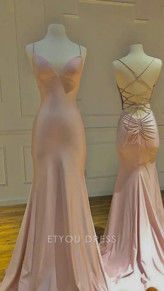 Mermaid V-Neck Spaghetti Straps Backless Pink Satin Long formal dresses Bridesmaid Dresses evening gown Prom Dress