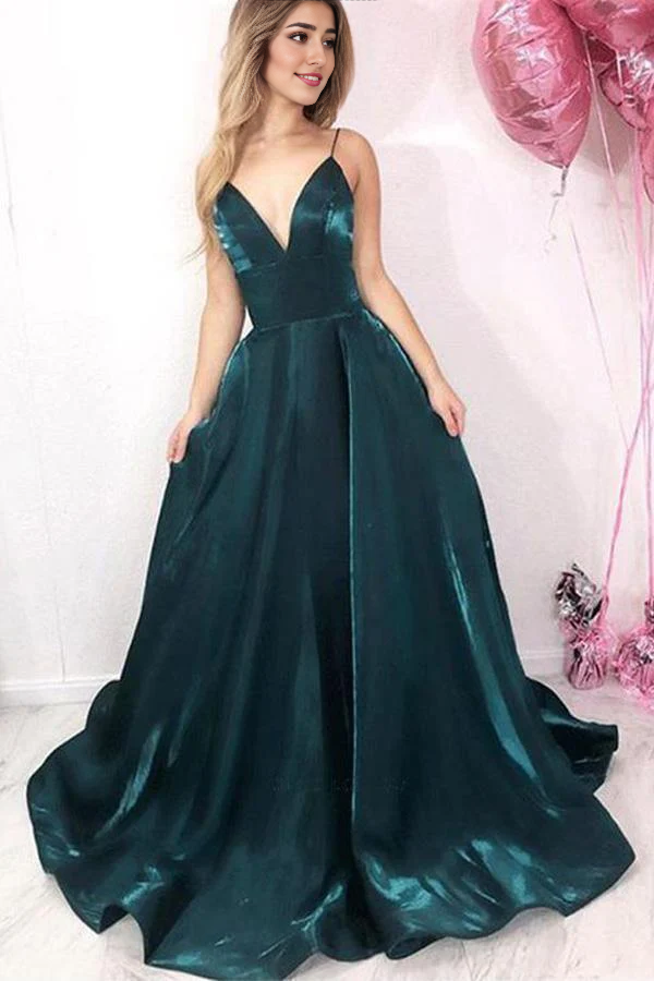 Simple V Neck Dark Green Satin Long evening gown Prom Dress