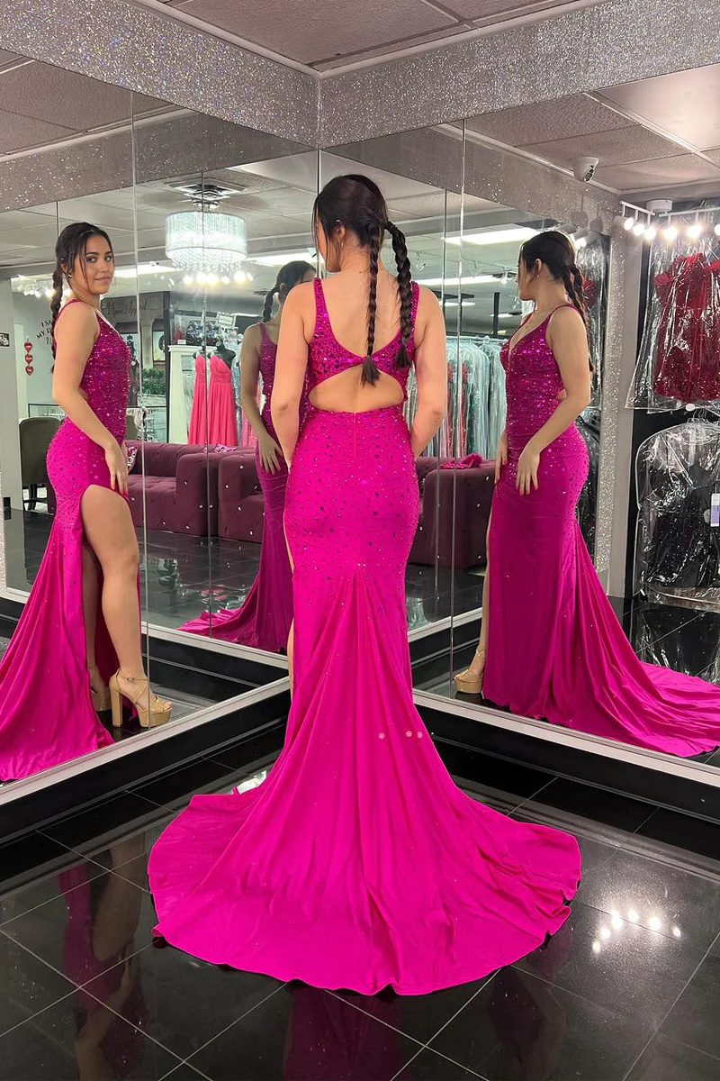 Mermaid V Neck Fuchsia Beaded Long evening gowns Prom Dress with Slit
