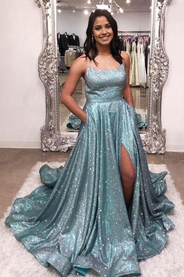 A-line V-neck Navy Blue Ball Gown Long Evening Dress Prom Dresses With Pocket Slits