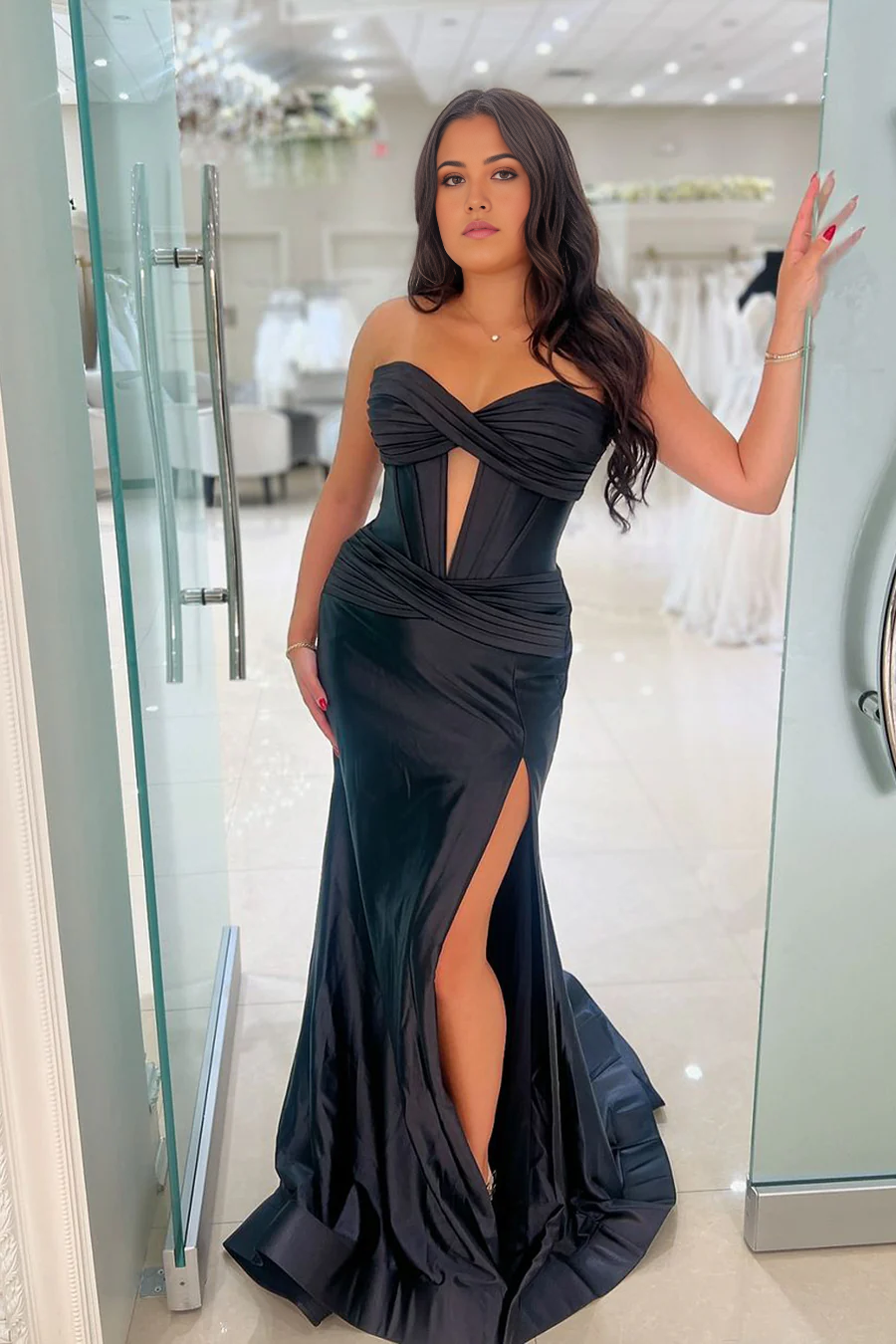 Mermaid Sweetheart Black formal dress evening gowns Long Prom Dresses with Split