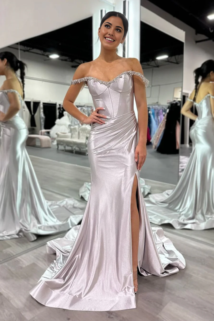 Mermaid Charming Off the Shoulder Satin Long Prom Dresses with Beading