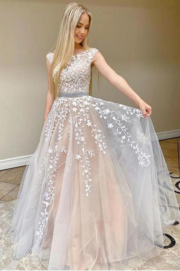 A-line Round Neck Tulle Open Back Long Prom Dress With Lace Applique