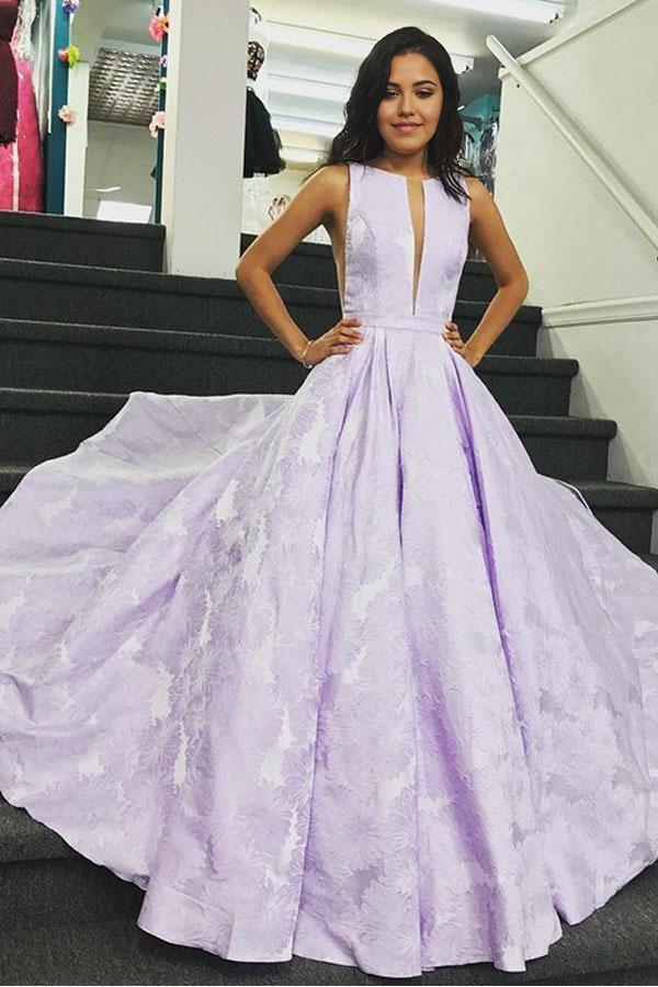 A-Line Bateau Sleeveless Sweep Train Lilac Floral Satin evening gown Formal Prom Dress