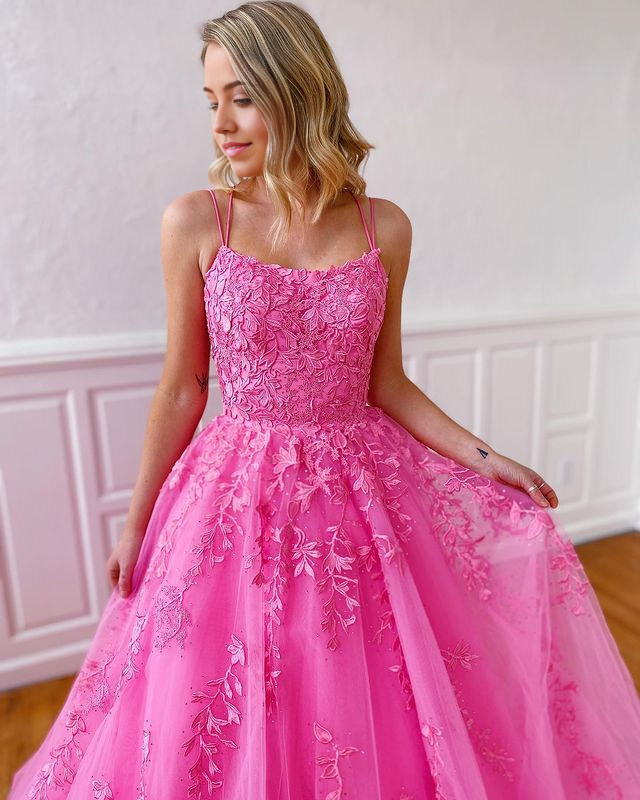 A-line Scoop Neck Hot Pink Tulle Sweet Ball Gown Prom Dresses with Appliques
