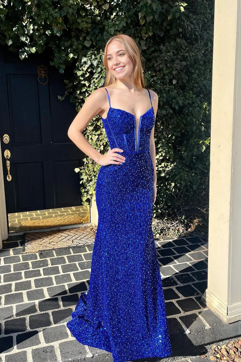 Mermaid Straps Cute Royal Blue Sequins Prom Dresses