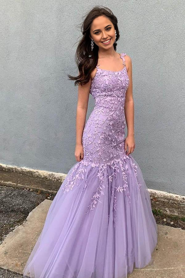 Mermaid Spaghetti Straps Floor Length Lilac formal dresses evening gown Prom Dress With Appliques