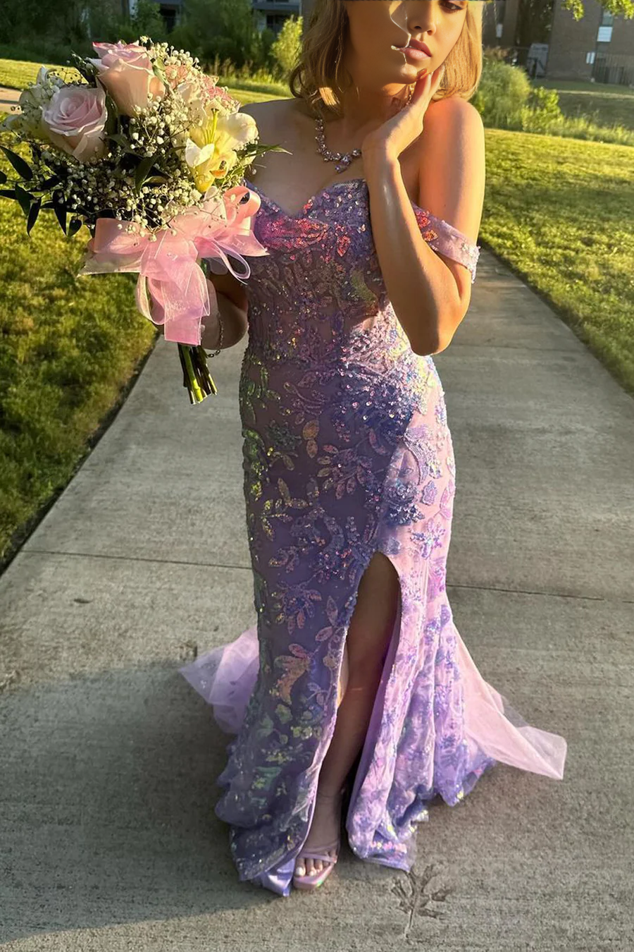 Mermaid Sweetheart Lavender Sequins Lace Prom Dresses with Slit