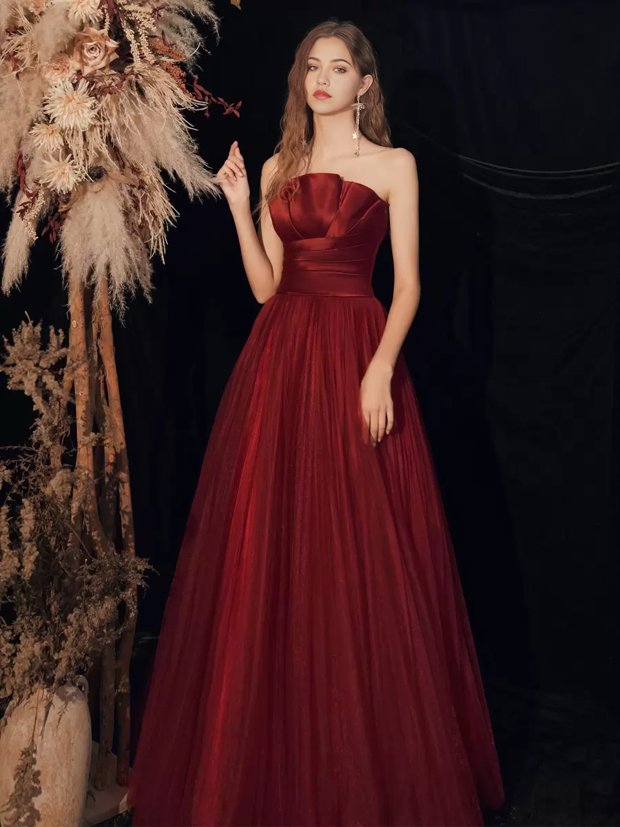 A-Line Strapless Floor-Length Sleeveless Lace-up Pleated Satin formal dress evening gown Wedding Guest Dresses Prom Dress