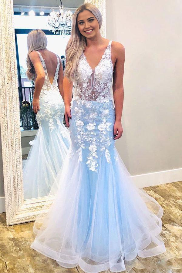 Mermaid V Neck Appliques Sky Blue formal dresses evening gown Prom Dress with Lace