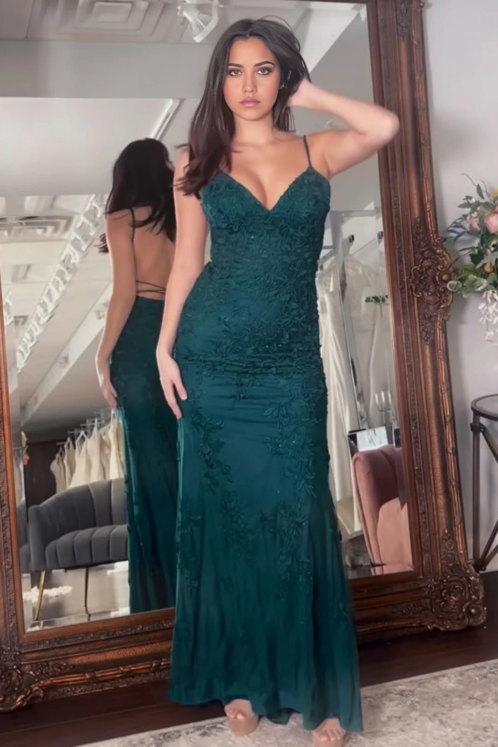 Mermaid Straps Backless Sark Green Spaghetti Long Prom Dress With Appliques