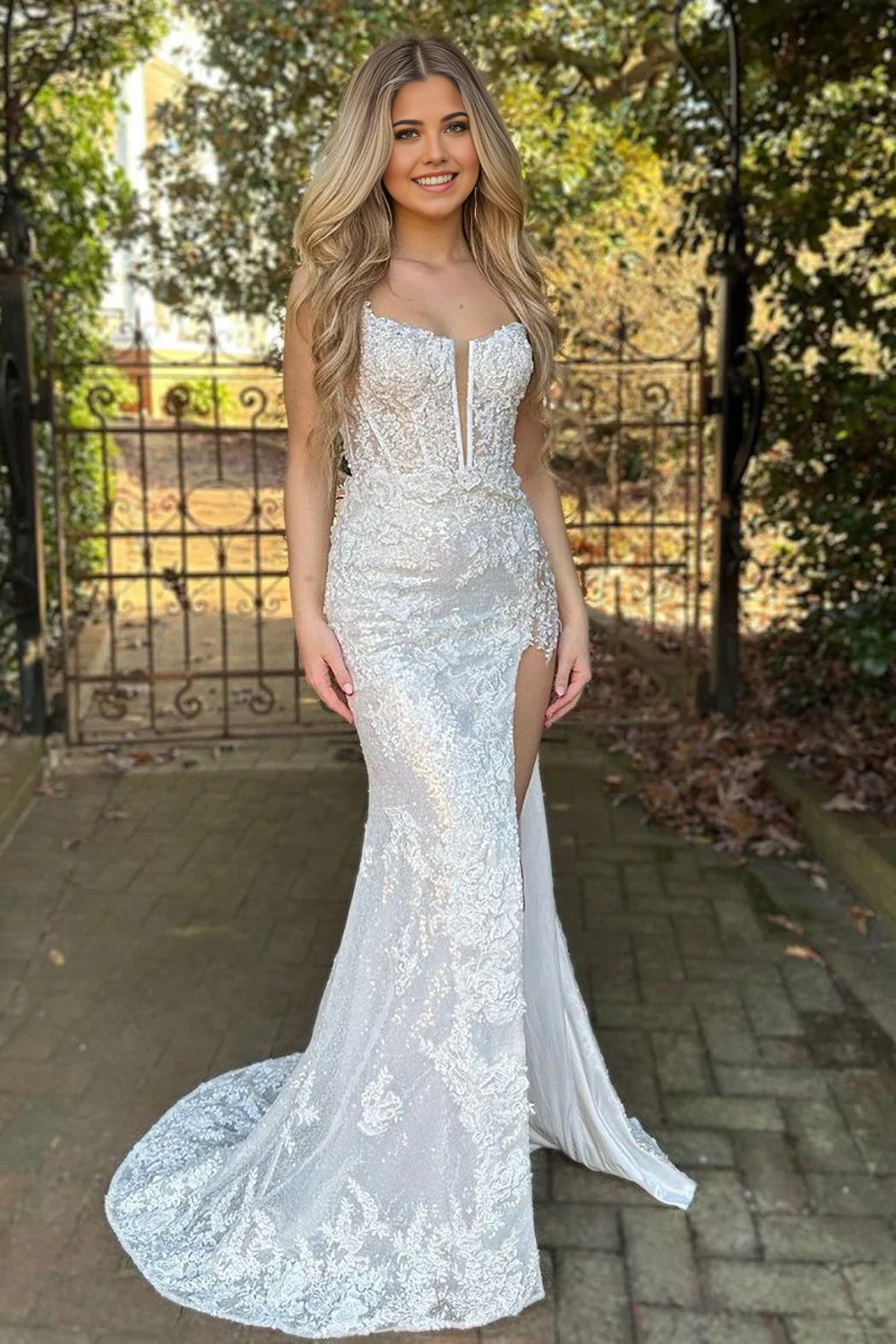 Sparkly Spaghetti Straps Lace Up Corset Long Prom Dress With Split