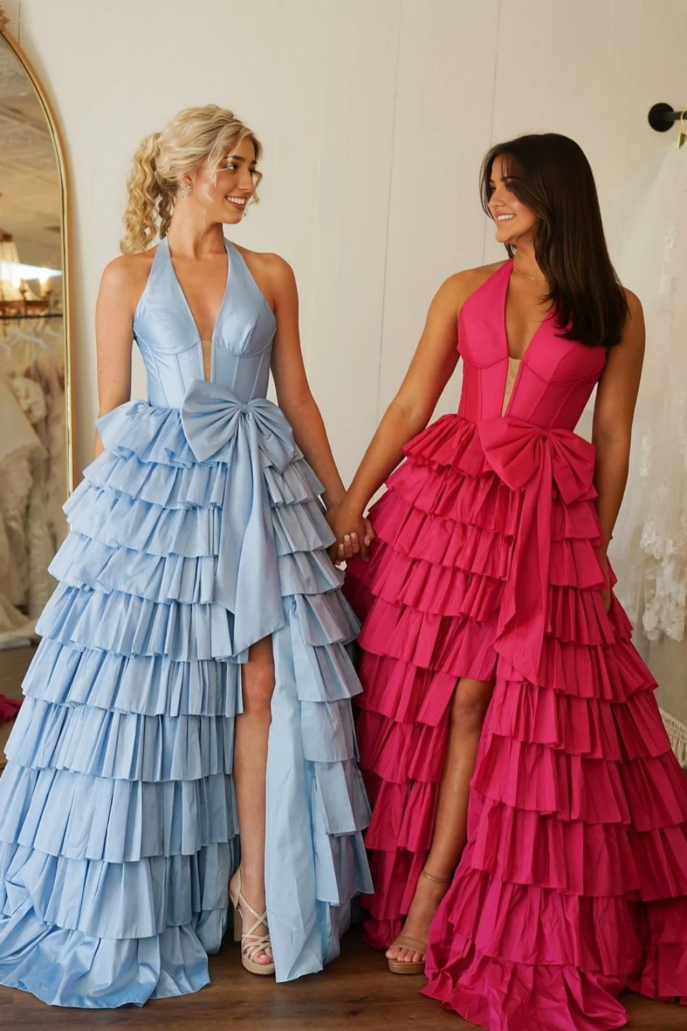 A-Line Halter Neck Long Tiered Satin Bowknot formal dresses evening dress Prom Dress with Slit