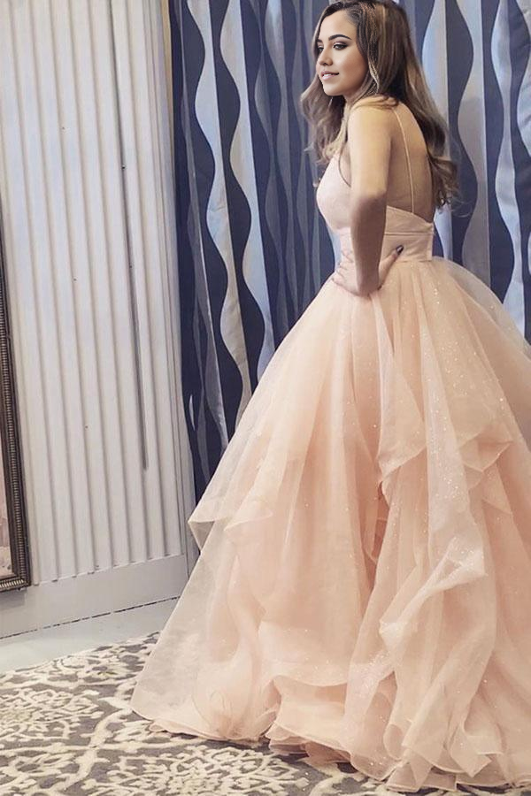 Elegant Straps Champagne Long evening gown Formal Prom Dress with Ruffles