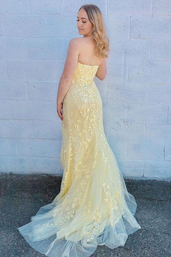 Mermaid Strapless Split Sky Blue Formal evening gown Prom Dress With Lace