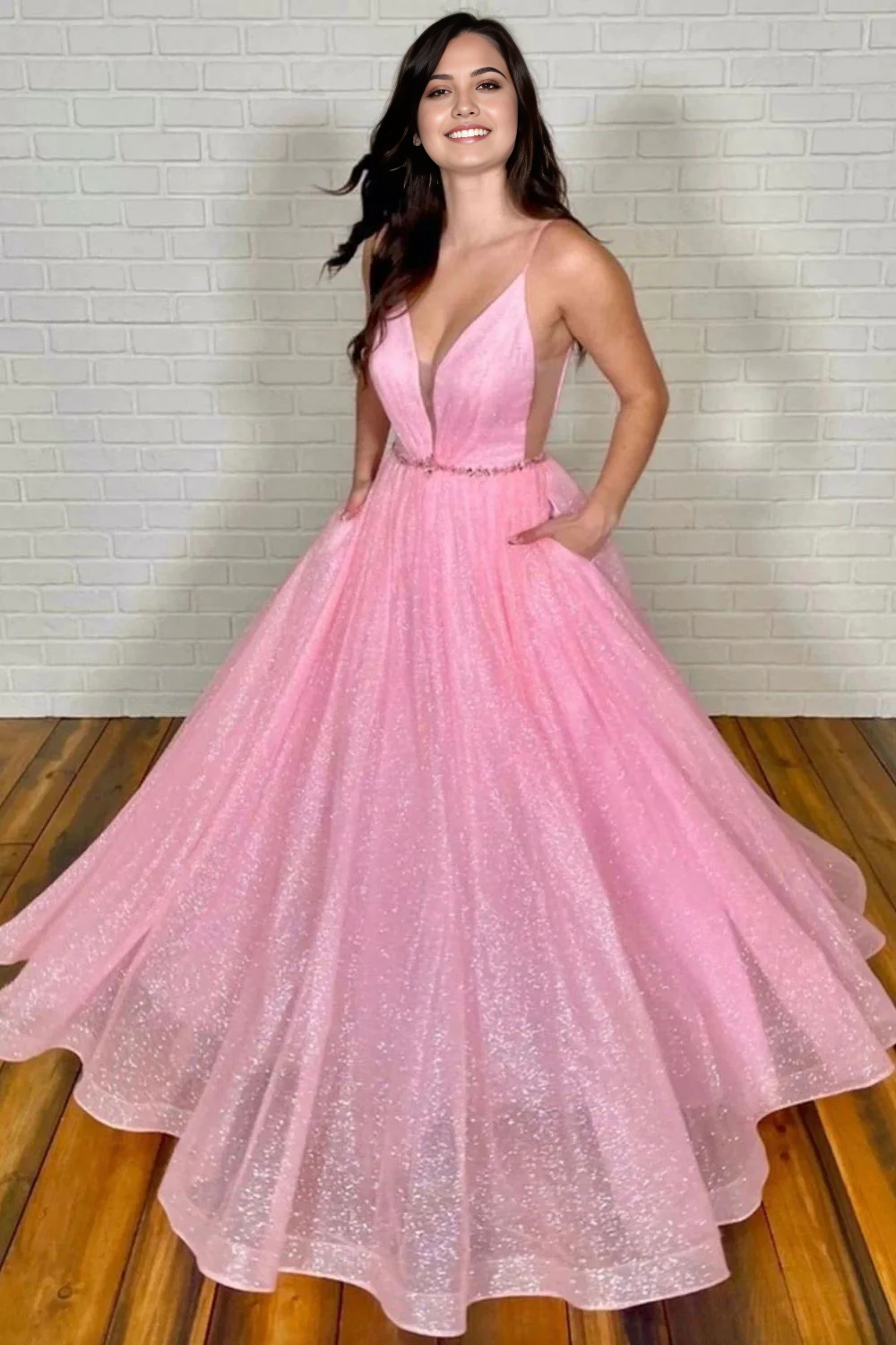 A Line Beautiful Deep V Neck Pink Long evening gowns Prom Dress with Beading