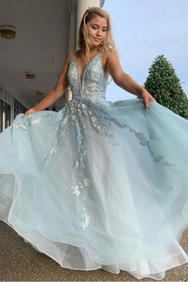 A Line Spaghetti Straps Appliques Light Blue evening gown Prom Dress With Beading