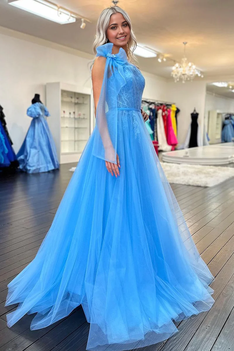 A Line Cute One Shoulder Blue Tulle Prom Dress with Appliques