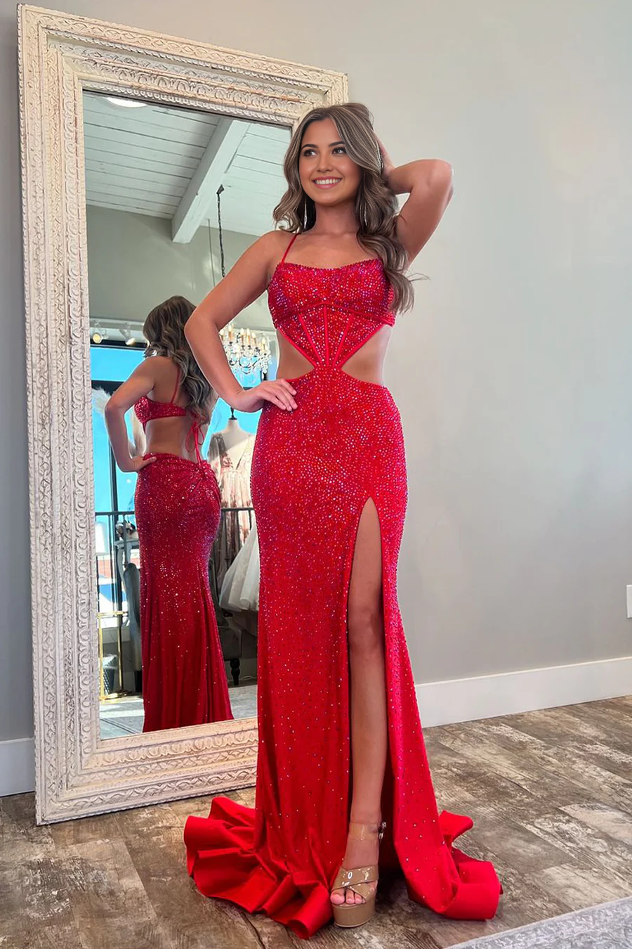 Mermaid Charming Straps Red Satin Long formal dresses evening gown Prom Dresses with Beading
