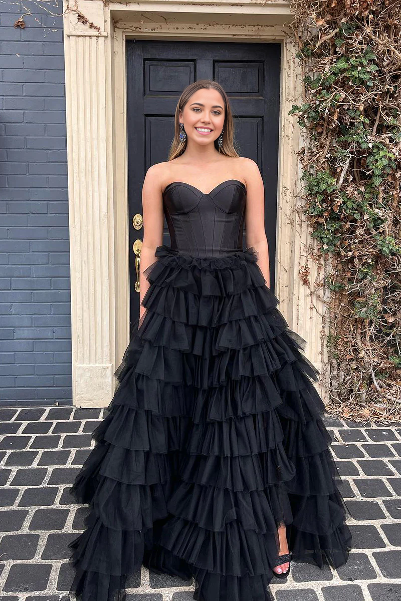 Sweetheart Black Tulle Cute Ball Gown Long Prom Dresses with Slit