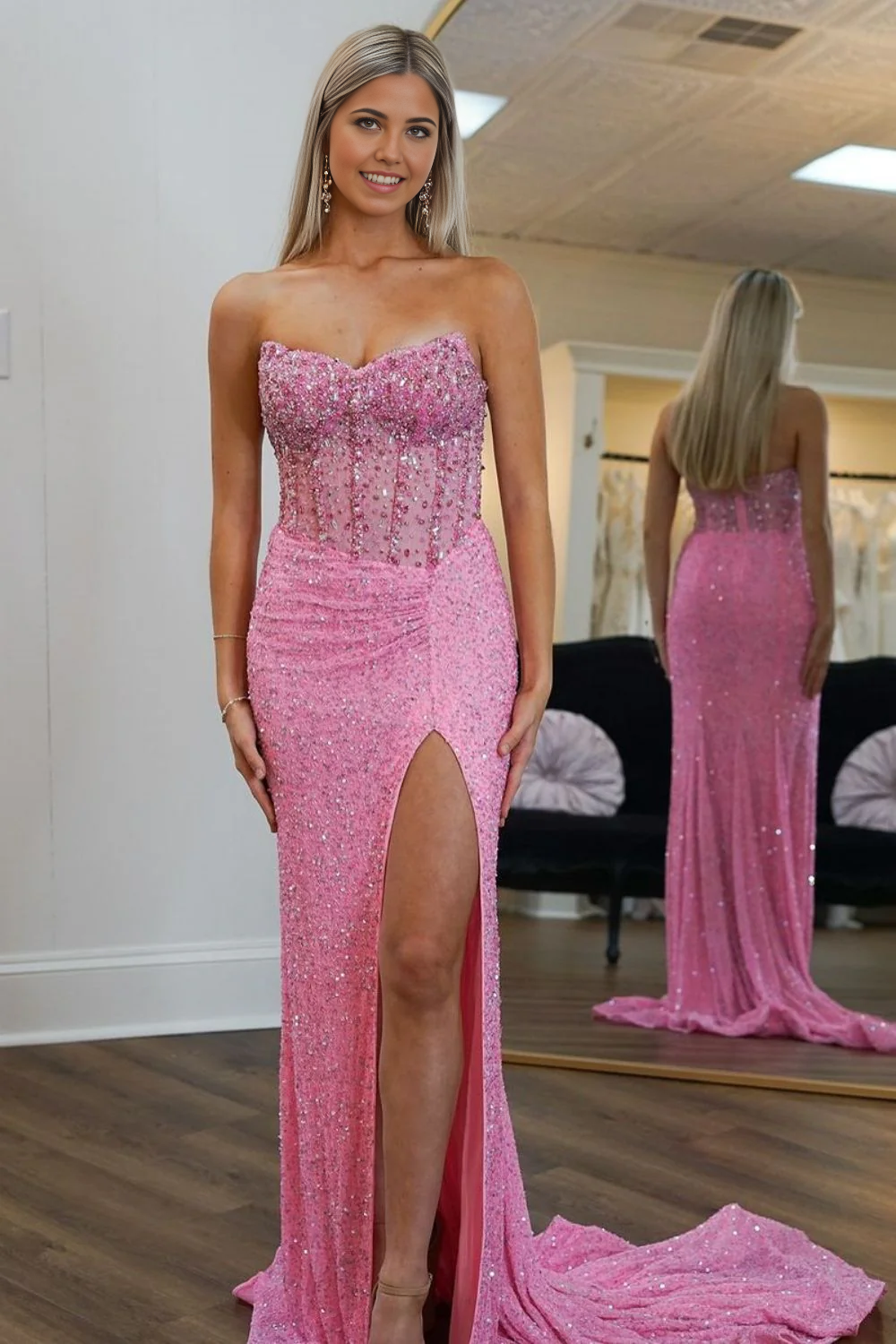 Mermaid Strapless Long Glitter Beaded Gorgeous Pink formal dresses evening dress Prom Dress with Slit