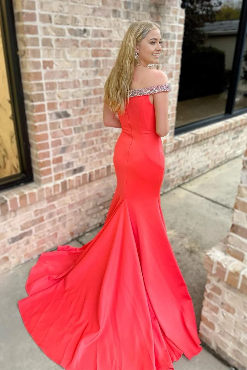 Mermaid Off the Shoulder Red Satin Long Prom Dress with Beading
